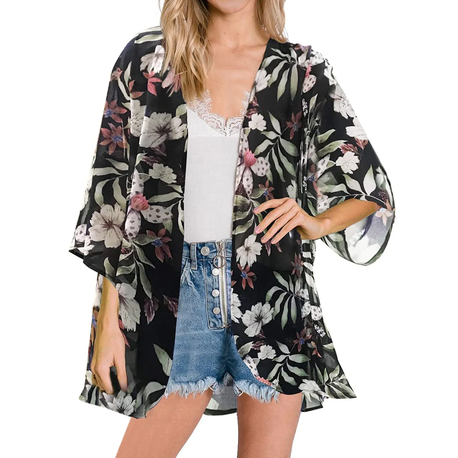 

Summer Womens Floral Printed Puff Sleeve Chiffon Kimono Cardigan Loose Cover Up Casual Blouse Tops Women Black Sweater