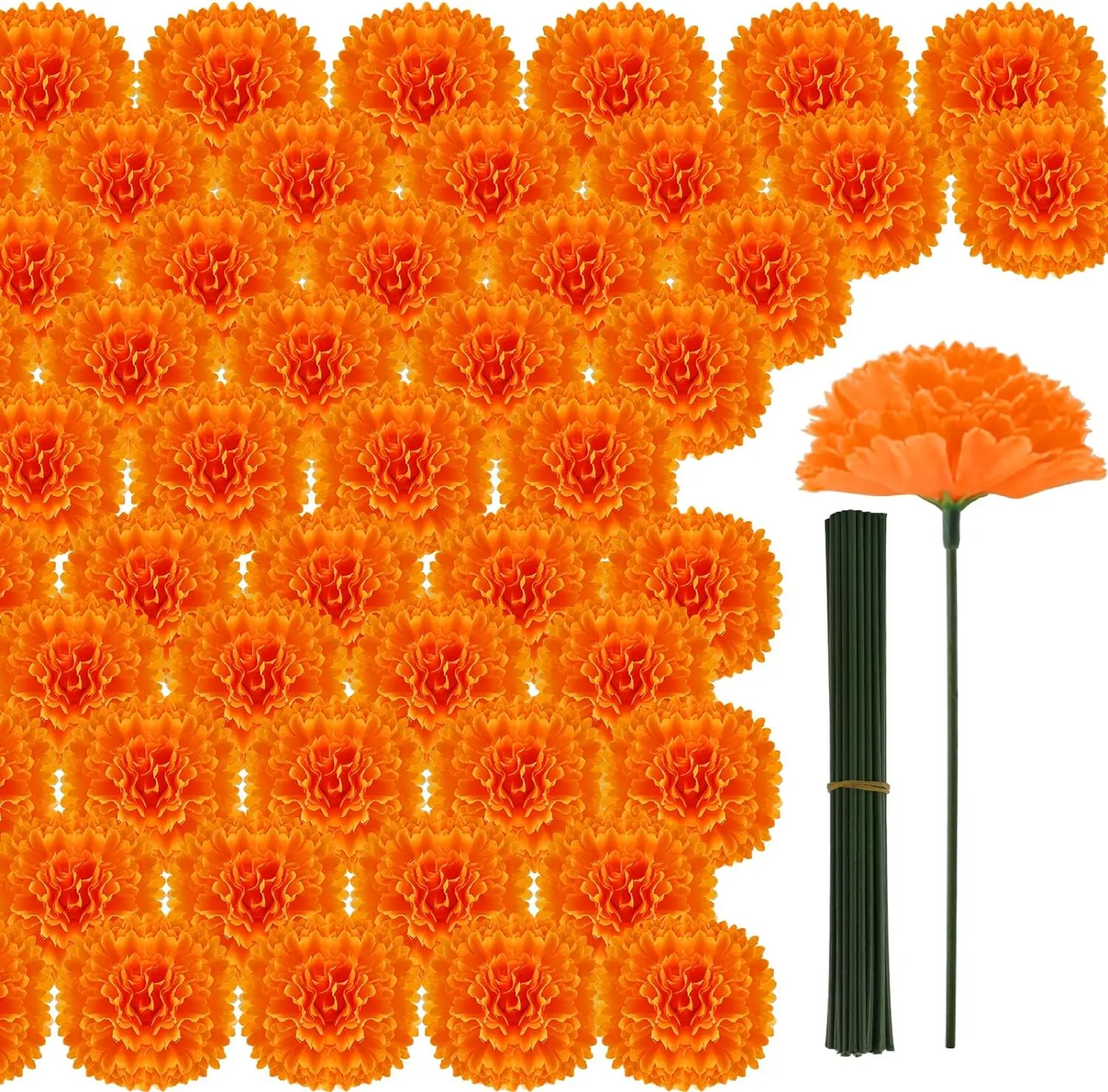 

50 Pcs Marigold Flower Heads Bulk Silk with Stems Artificial Flowers for Diwali Home Decor Day of The Dead Wreath Garland