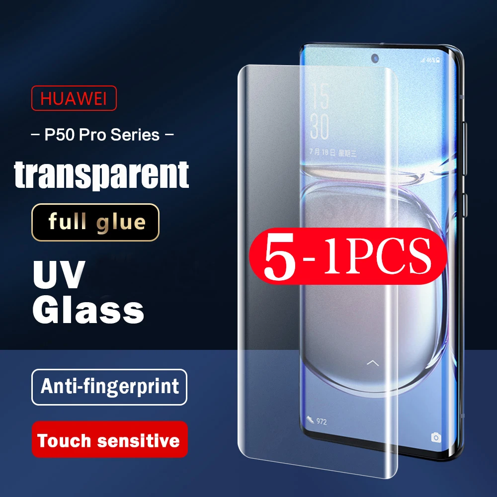 

5-1Pcs 9D UV Glass For Huawei p50 p40 p30 mate 50 RS 40 40E 30 30E 20 pro plus protective film Tempered glass screen protector