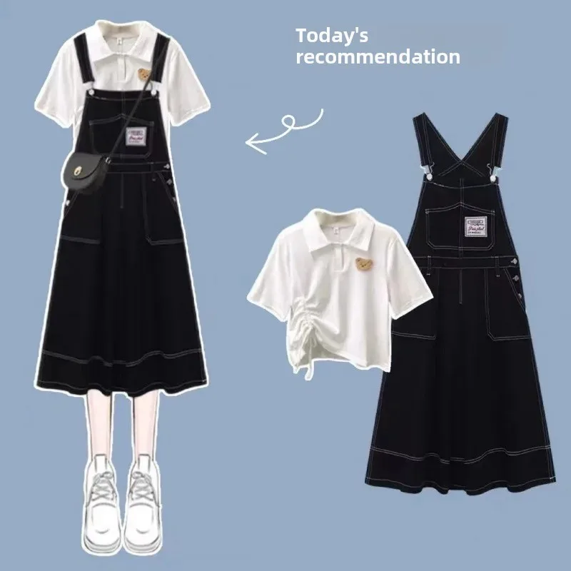 Fashionable Women's Loose-Fit Denim Back Belt Skirt 2-Piece Set Summer 2024 Student Korean Style T-Shirt+Short |