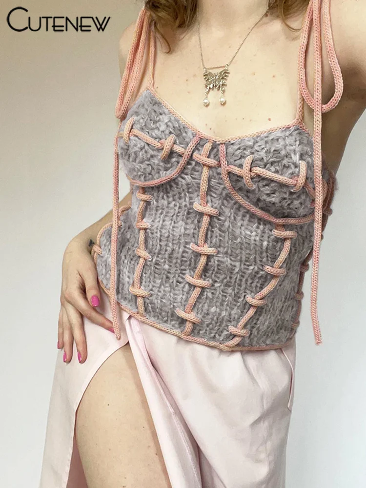 

Cutenew Y2K Suspender Knitted Sexy Lace-up Tank Top Women Summer Camisole Sleeveless Slim Vest Casual Lady Streetwear New 2023