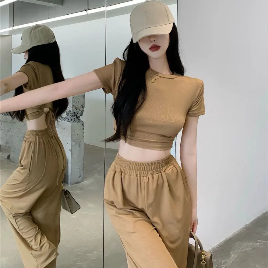 

Fashion Suit Female Summer 2022 New Short-sleeved Strapless Backless T-shirt + Loose Wide-leg Mopping Pants Two-piece Tide