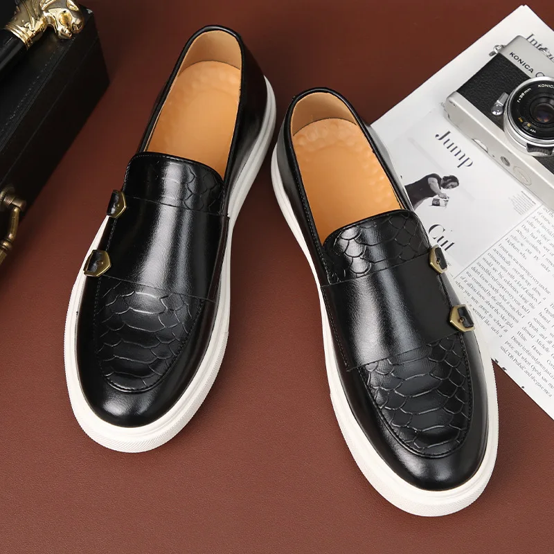 

Man Casual Shoes Fashion Snakeskin Grain Leather Men Retro British Style Loafers Slip-on Outdoor Flats Double Monk Strape