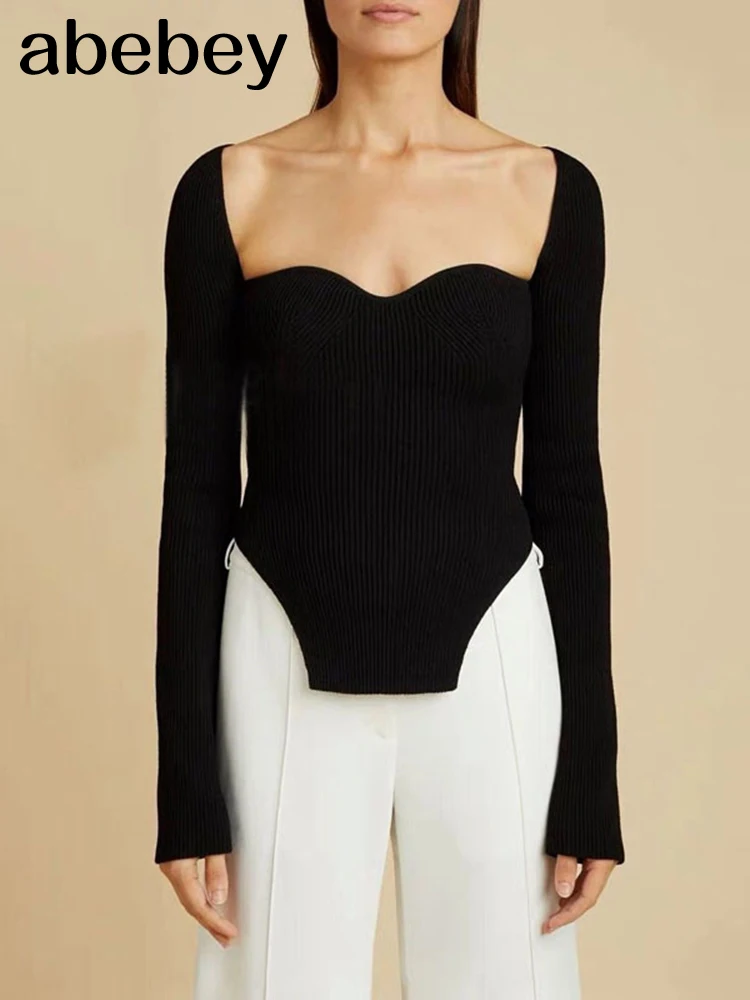 

Новинка Весна 2022, сексуальный стильный вязаный пуловер с квадратным вырезом и длинными рукавами, сексуальная облегающая футболка, Женский ...