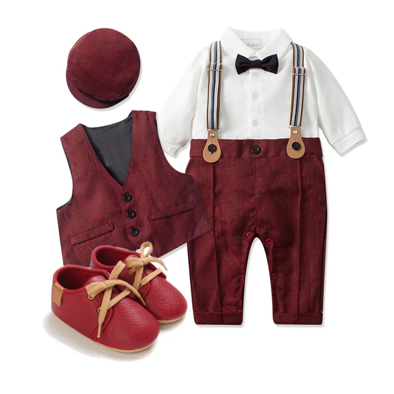 Baby Boy Clothes Gentleman Newborn Photography Romper with Vest Cap   Set  Long Sleeve Outfit for Wedding