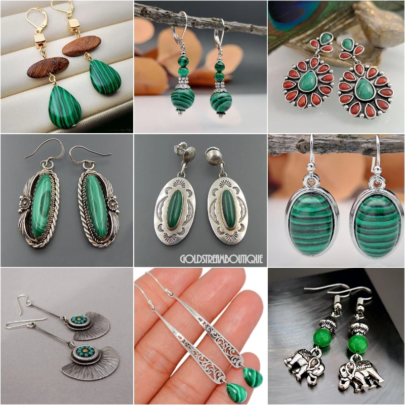 

2022 Classic Green Stone Earring for Women Vintage Bohemia Carving Wind Chimes Shape Dangle Retro Ethnic Longs Luxury Jewelry