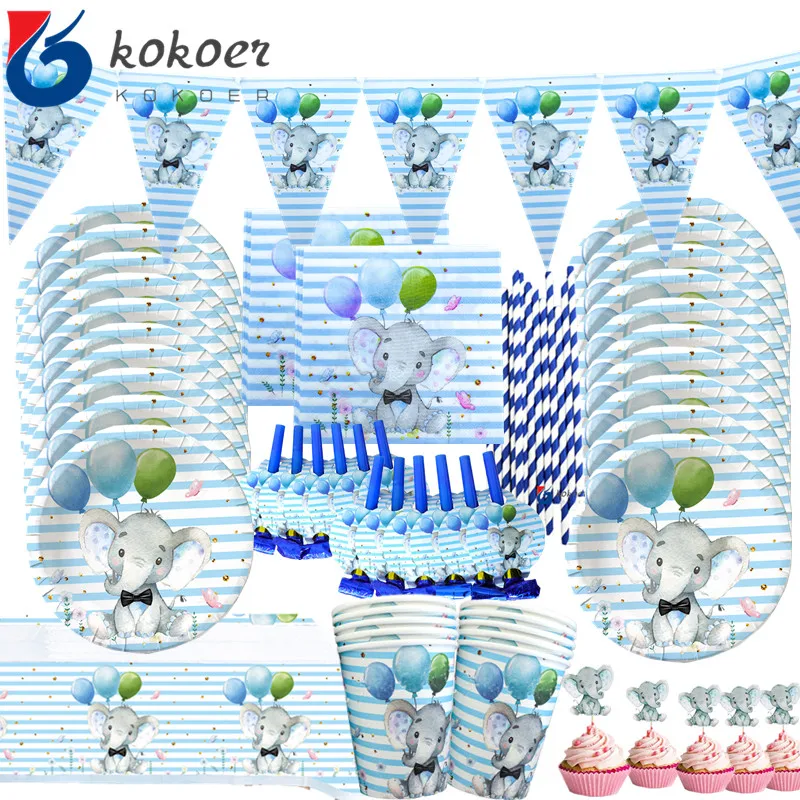 Набор одноразовых столовых приборов с изображением синего слона на 20 человек -