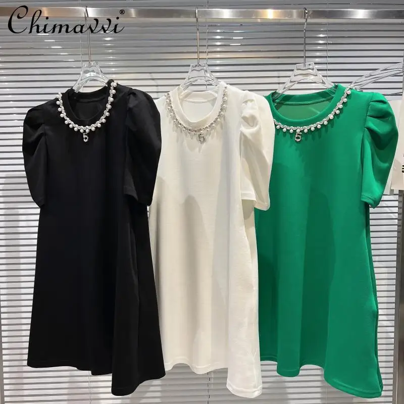 

2022 Summer Clothes New Fashion Pearl Rhinestone Neckline Puff Sleeve Dresses Slim Fit Short Temperamental Dress for Women