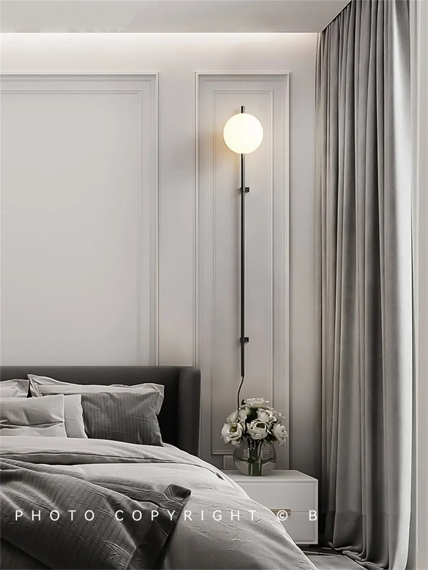 

French luxury copper long pole wall lamps with switch socket type bedroom wall sconces lights Nordic living room decor lighting