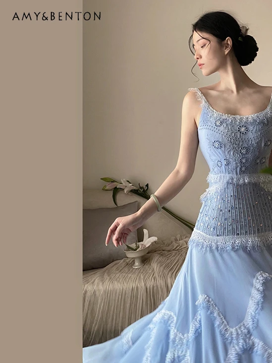 Французское тяжелое платье с бусинами высокого качества голубое для женщин