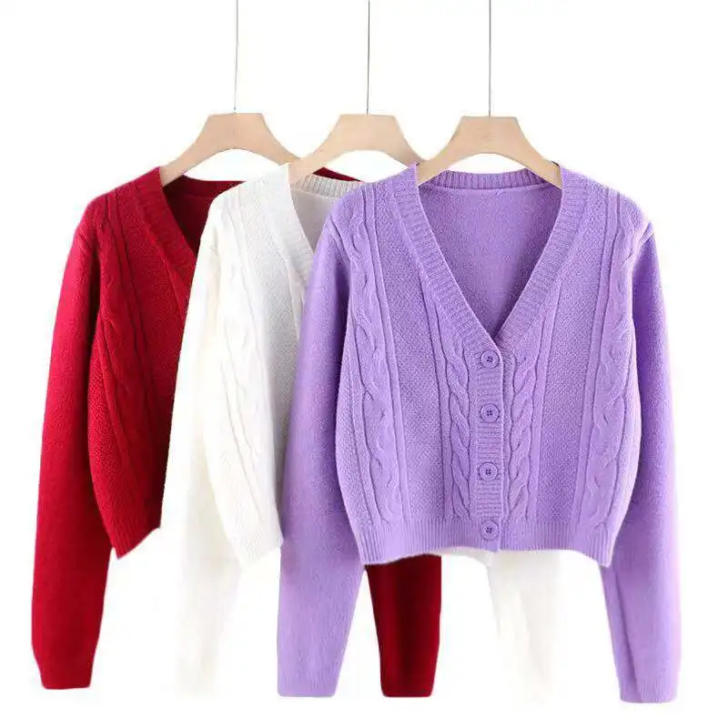 

2022 Autumn Cardigan Knitted Loose Sweater Women V-Neck Button Cardigans Long Sleeve Knitwear Women Short Tops All-match 22794