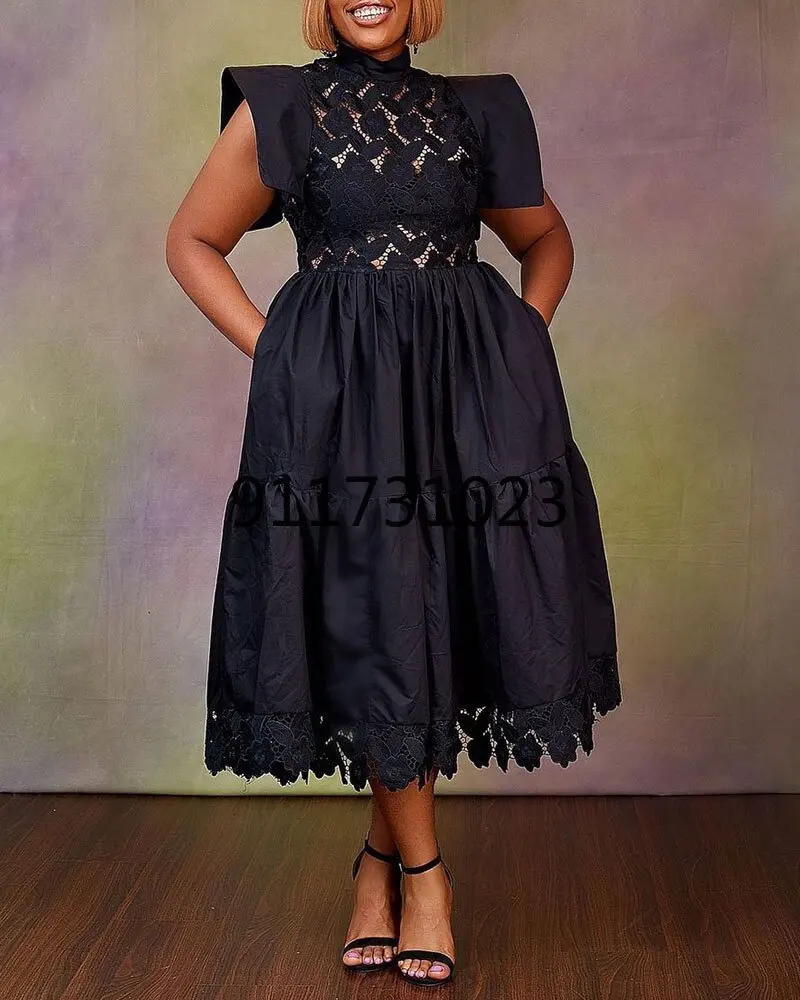 

African Dresses for Women 2022 Summer African Women Sleeveless Black Polyester Plus Size Dress African Clothes