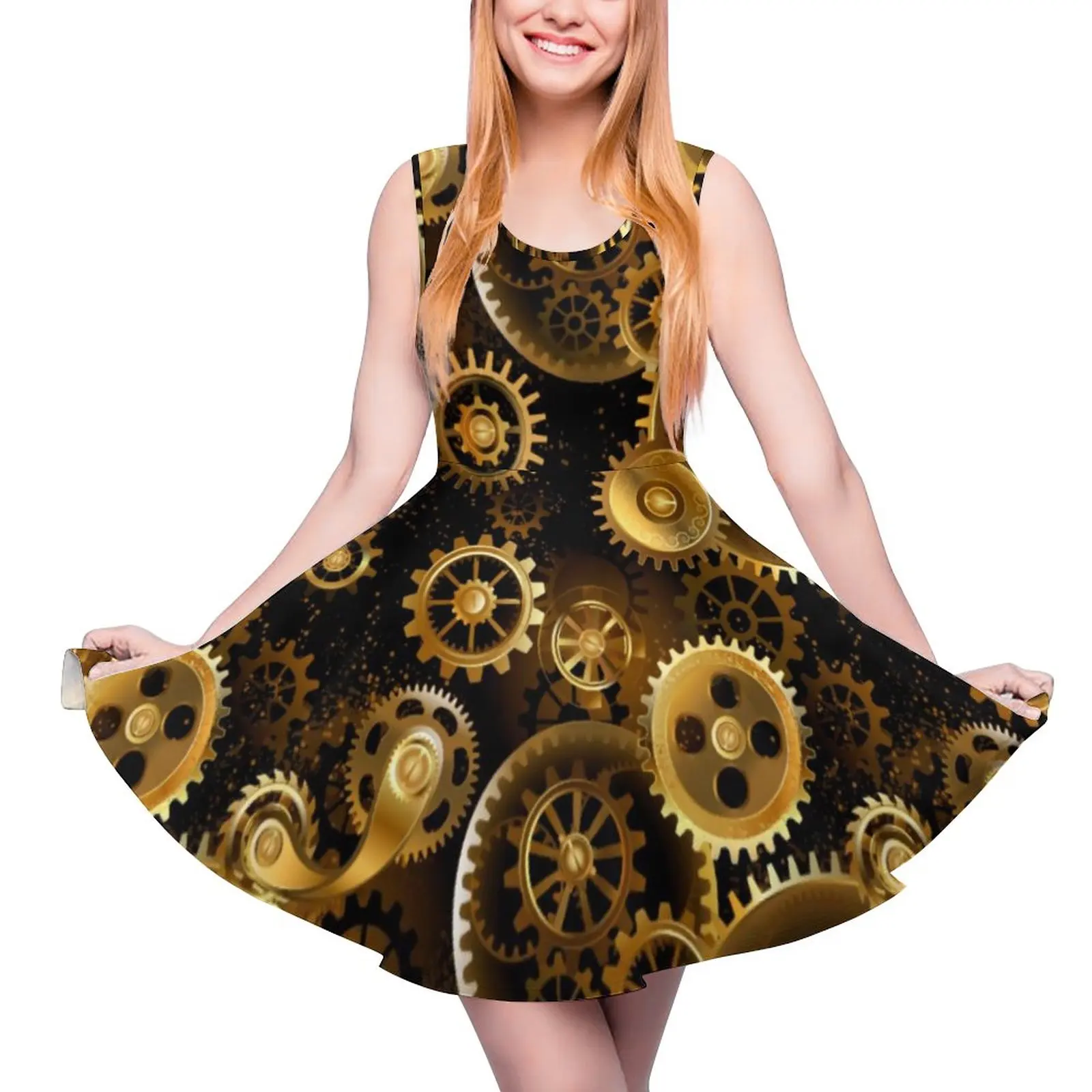 

Retro Steampunk Dress Brass Gears Print Aesthetic Dresses Female Sexy Skate Dress Summer Custom Vestidos Big Size 4XL 5XL