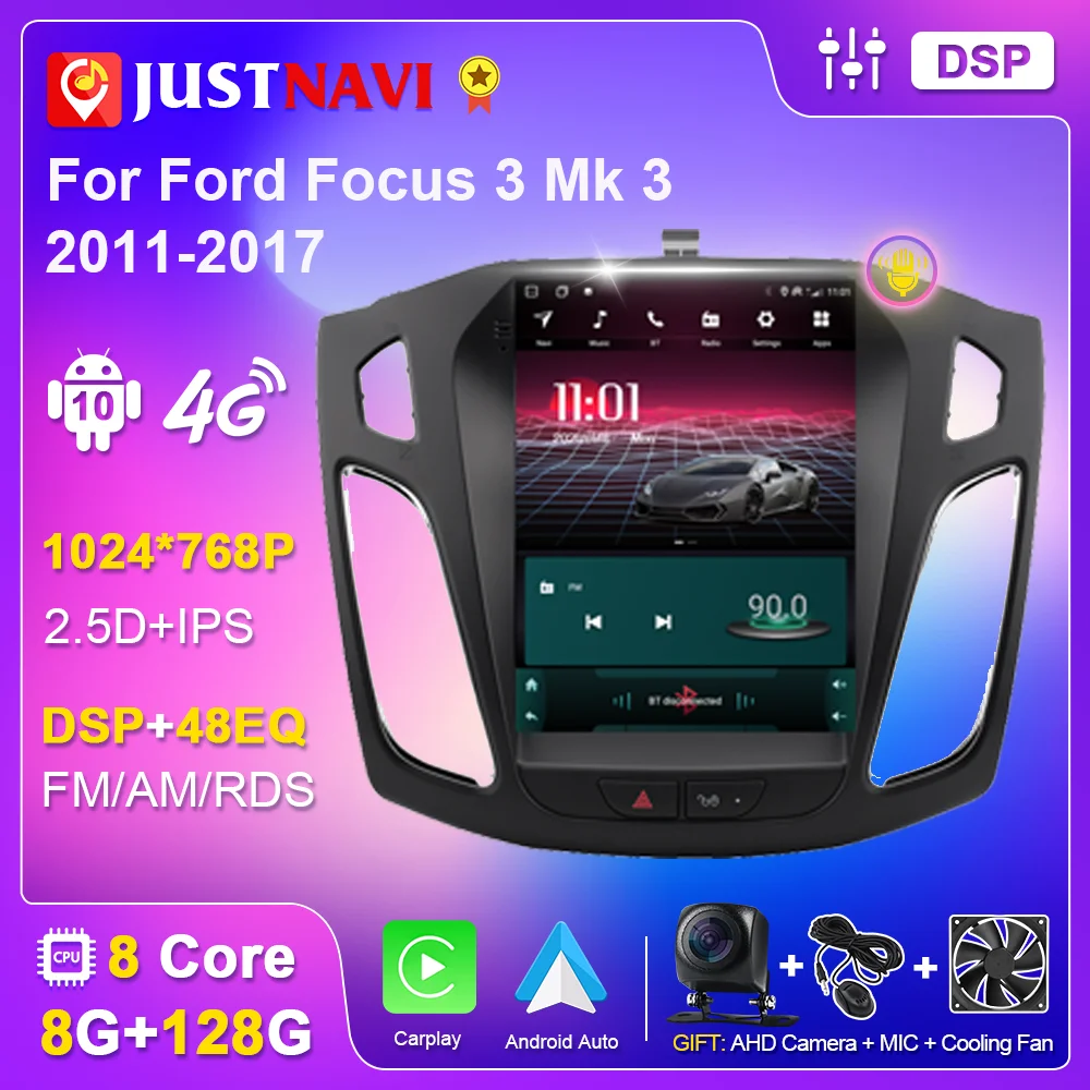 JUSTNAVI Android for Ford Focus 3 Mk 3 2011-2019 Car Stereo Radio Vertical Tesla Screen Multimedia Player Navigation Carplay