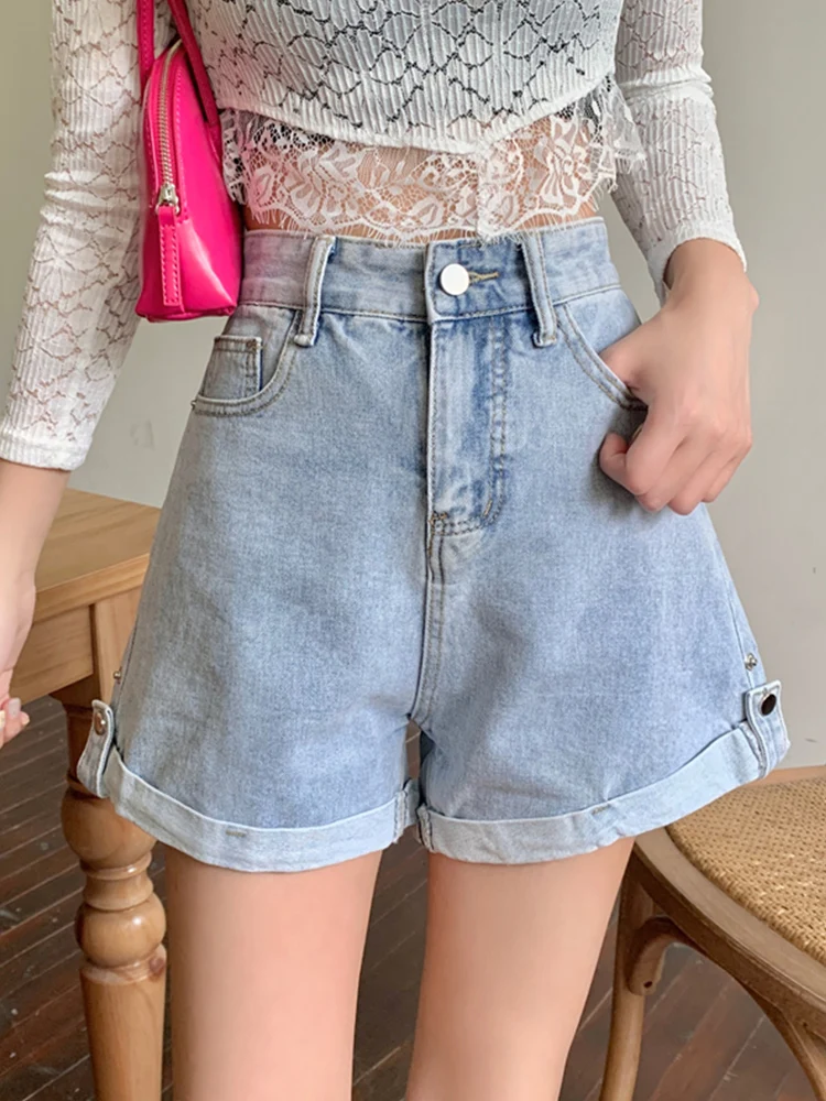 Streetwear Women High Waist Wide Leg Blue Denim Shorts Spring Summer Female Loose Retro Jeans Shorts Bottoms