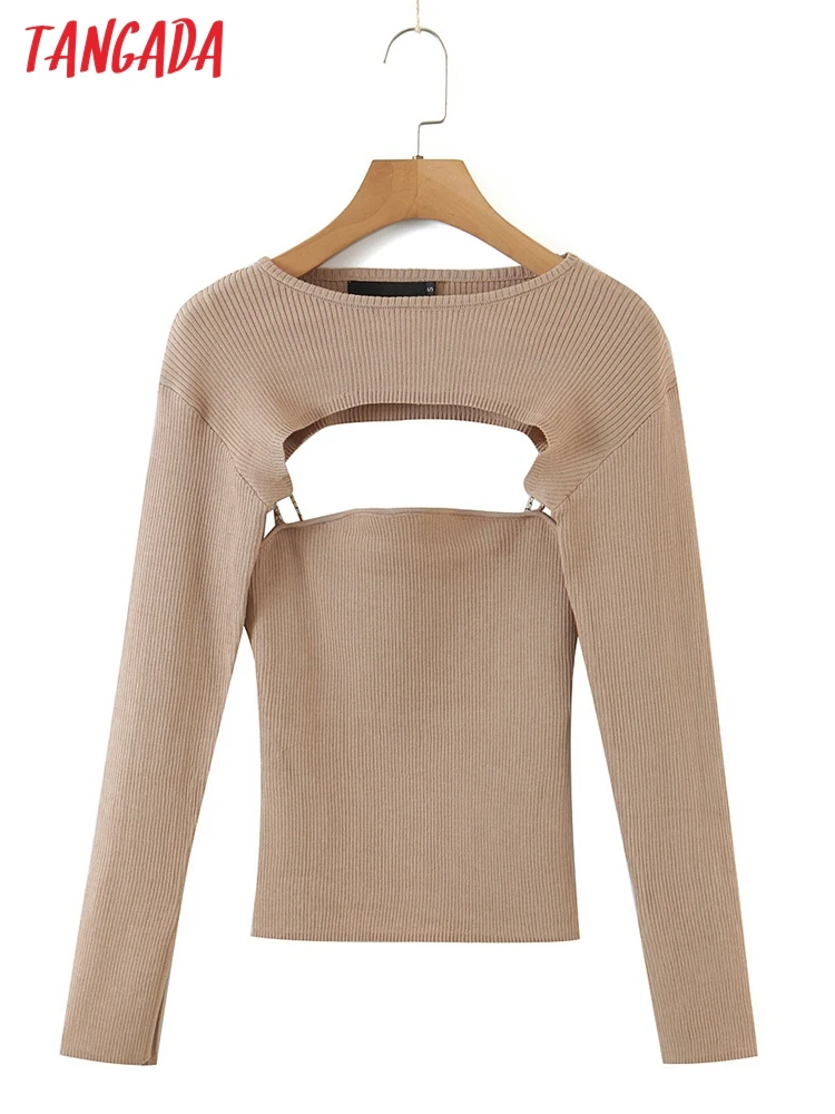 

Tangada Women 2022 2 Piece Set Camis Solid Slim Knitted Sweater Vintage Long Sleeve Female Pullovers 1J42