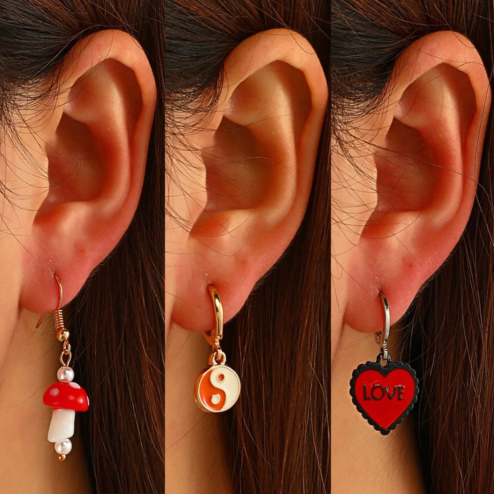 

Серьги в форме сердца с грибами, набор из 3 предметов, милые забавные красные Висячие серьги для женщин, серьги, ювелирные изделия, серьги, се...