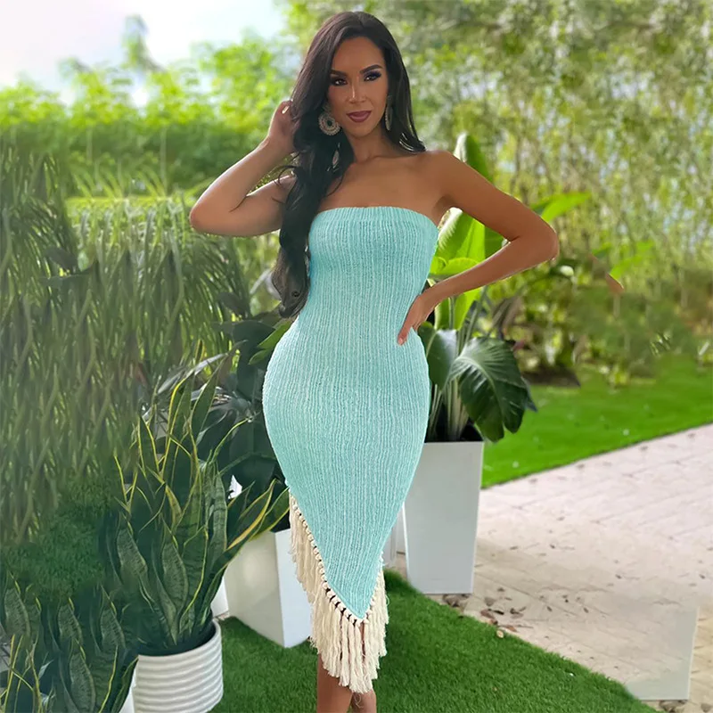 

Fashion irregular tassel tube top dress