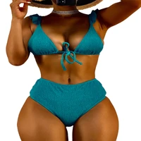 fs women green pleated ruffle tie front v neck backless bikini set split solid color bathing suit lady swimsuit two pieces 2022