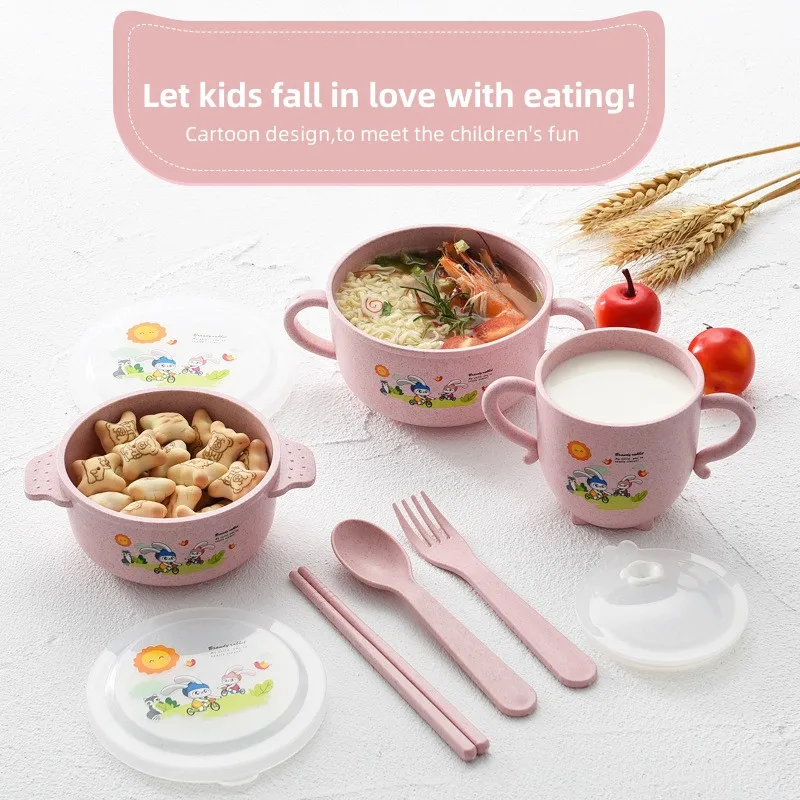 

6pcs Wheat-straw Children's Tableware Set Cup Chopsticks Spoon Fork Kit Baby Feeding Bowl Cute Cartoon Dinnerware Kid's Cutlery