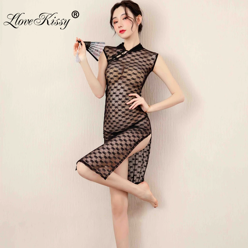 

Black Women's Sexy Transparent Lace Cheongsam Long Dress Classical Cheongsam Adult Uniform Temptation Sexy Costume Women