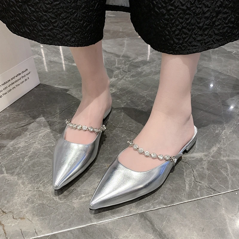 

Leather Rhinestone Slipper Woman Pointed Toe Slippers Flat Low Heels Mules Ladies Casual Slides Home Outside Shoes