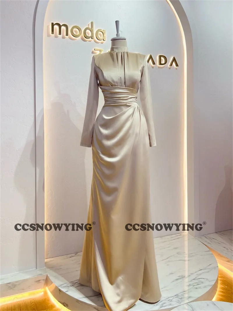 

Simple Satin Long Sleeve Muslim Evening Dresses Islamic Hijab Formal Party Gown Women Arabic Kaftan Robe De Soiree