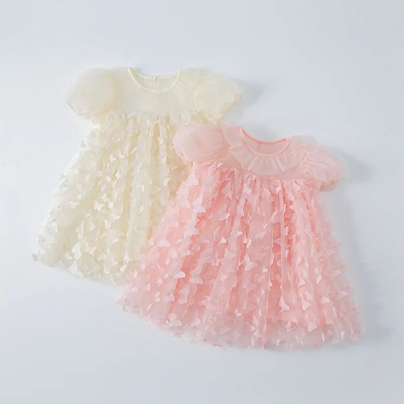 

2023 Summer New Butterfly Three-dimensional Embroidery Girls Fluffy Gauze Dress Baby Girl Puff Sleeve Fairy Princess Dress 2-8T