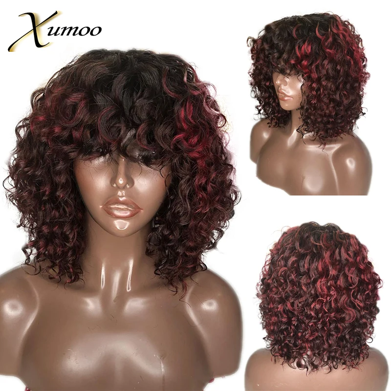 

Недорогие короткие кудрявые человеческие волосы 99J бордового цвета машинной работы, парики для чернокожих женщин с челкой, Remy, бразильские