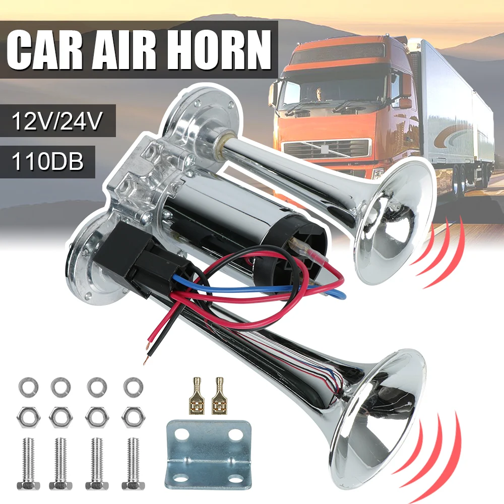 

110dB Car Air Horn Set Dual Trumpets 12V/24V For Motorcycle Boat Truck Hooter Super Loud with Wires and Relay