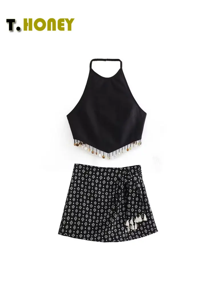 

TELLHONEY женский модный топ с воротником-халтером без рукавов, украшенный бисером, с боковой молнией, с принтом, с узлом, сексуальный комплект из двух предметов