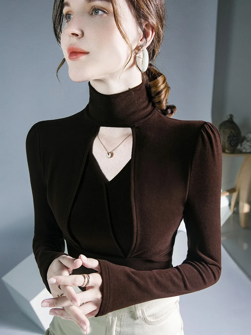 

Женская одежда весна-осень, стильные базовые футболки, топы, Женская Облегающая водолазка с длинным рукавом, Ажурные топы-футляры SS023