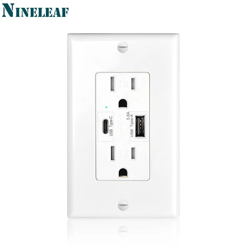 

NineLeaf 4.2/5.8A Wall Dual USB Port Type C Outlet Tamper Resistant Power Socket for Apple Samsung XIAOMI Huawei Devices Use