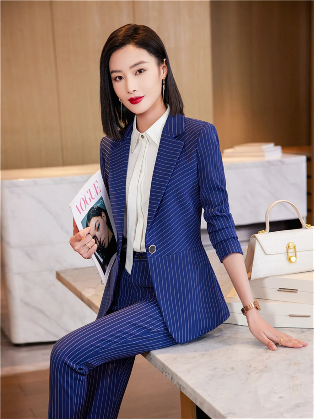 Elegant Women Pant Suit 2023 New in Blue Blazer + Trousers Long Sleeve Striped Suit Formal Office Lady Business 2 Piece Set