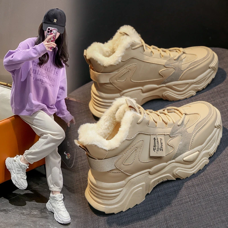 

Женские зимние кроссовки до щиколотки, модная зимняя обувь из искусственной кожи и плюша для женщин, теплые ботинки на платформе и плоской п...