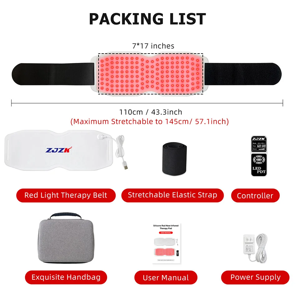 ZJZK Food-Grade Silicone Led Phototherapy Belt Recommended By Medical Experts Near Infrared Red Relief Light Healing