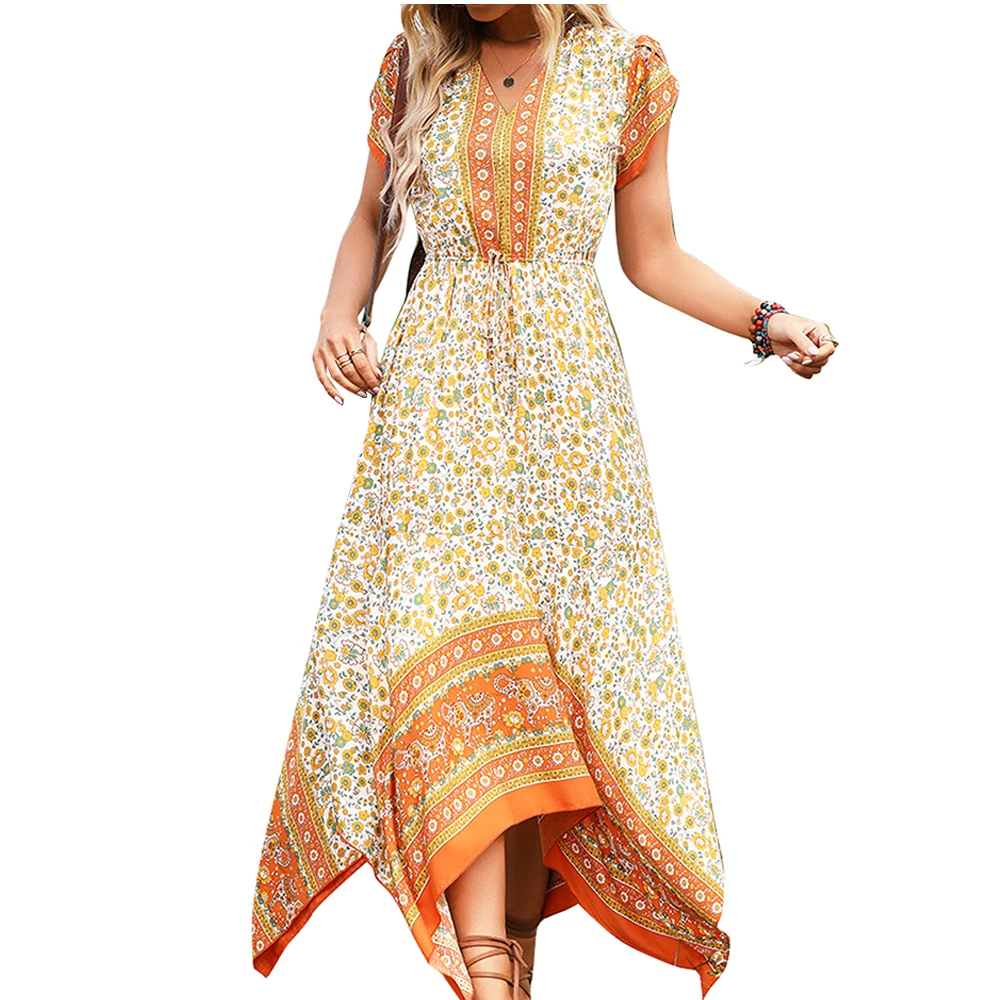 

Chic Summer Cotton Women Long Dress Bohemian VNeck Short Sleeves Female Clothing Luxury Boho Floral Beach Lady Loose Dress Maxi