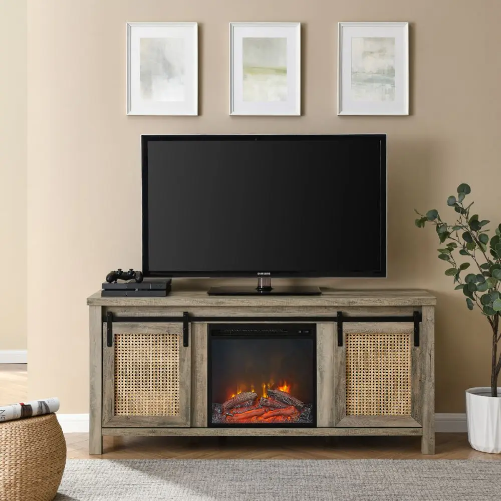 

TV Stand for TVs up to 65" with Electric Fireplace, Cabinet Door with Rattan Net and Pulley, 4 Storage Shelves for Living Room