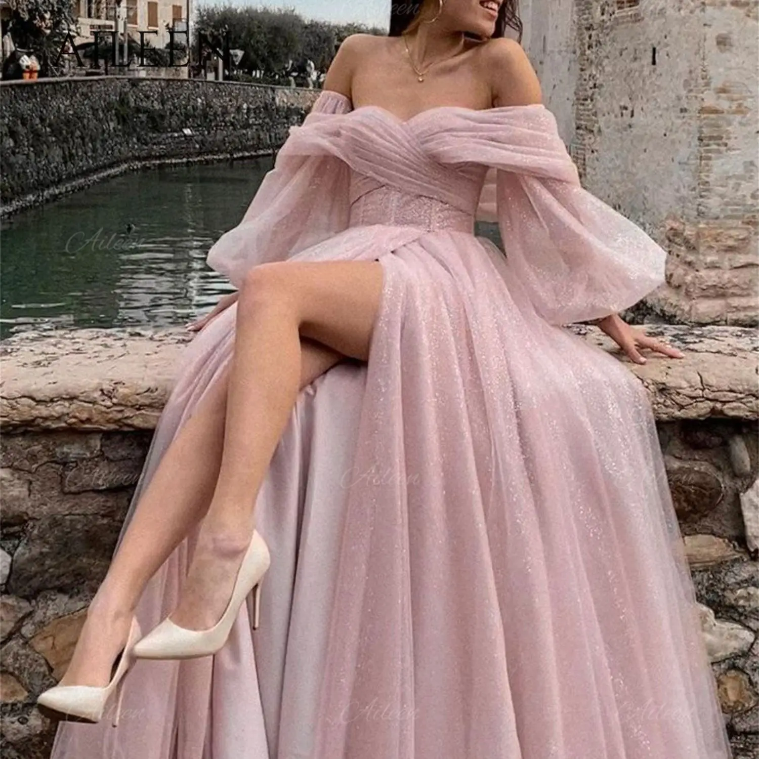 

Aileen Pink Women's Evening Dress Women Elegant Luxury Shoulder Bridesmaid Dress Woman Cross Shiny Robe Sweetheart Side Slit