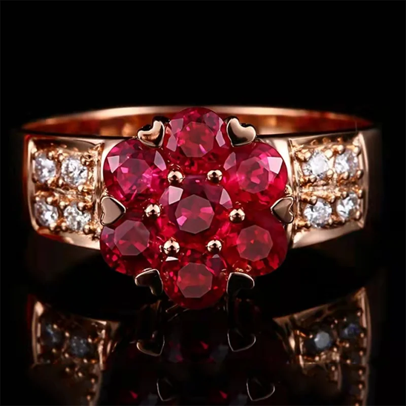 

Luxury Red Floral Flower Copper Open Ring Micro Paved AAA CZ Crystal Rhinestone Ladies Adjustable Engagement Versatile Jewelry