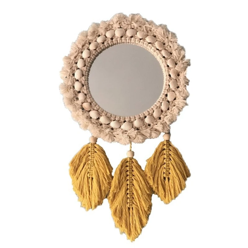 

Nordic Woven Tassel Hanging Wall Mirror Ethnic Boho Cotton Rope Feather Leaves Pendant Macrame Mirror Home Drop Shipping