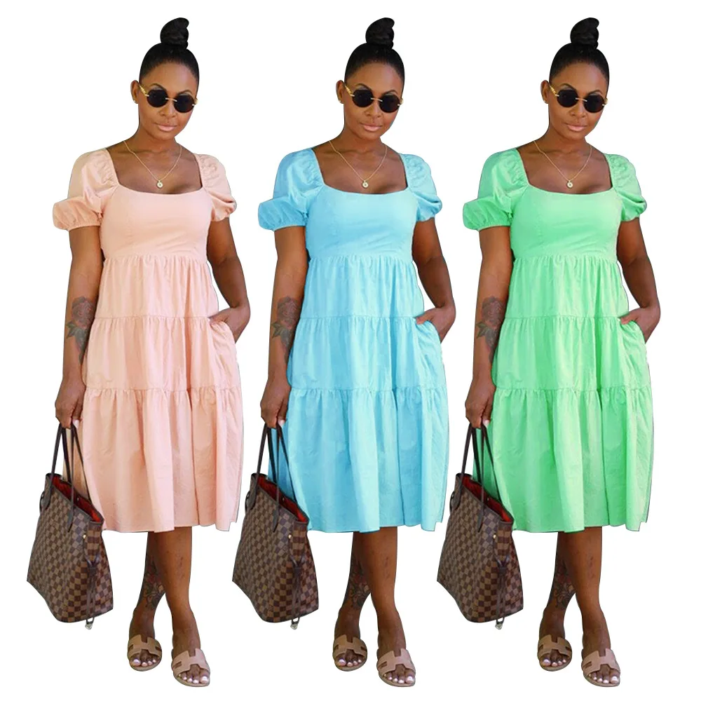 

SKMY Women Clothing Summer New Fashion Lace-Up Hollow Out Back Bows Dress High Waist Square Collar Short Sleeve Midi Dress