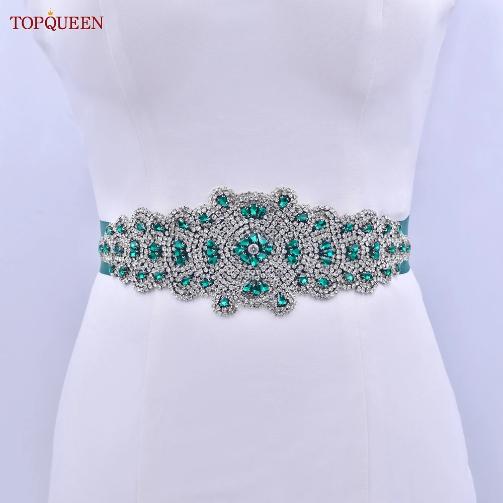 

TOPQUEEN S88 Bridal Crystal Belt Women Decorative Wedding Party Evening Dress Accessories Female Dark Green Rhinestones Sparkly
