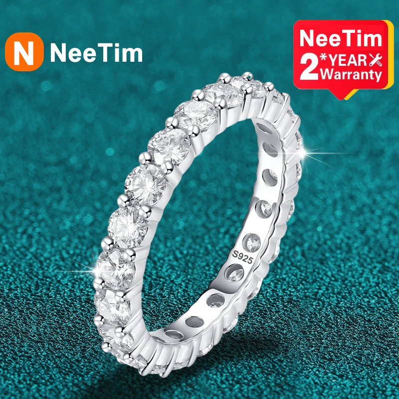 

NeeTim 4mm All Moissanite Diamond Ring for Women S925 Sterling Silver Eternity Band Engagement Wedding Jewelry with Certificate