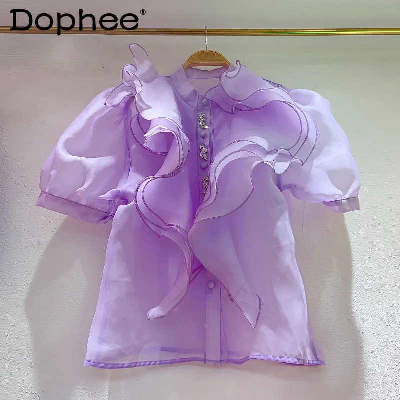 

Summer French Style New Court Style Blouse Super Fairy See-through Western Style Top Puff Sleeve Ruffled Organza Shirt For Women