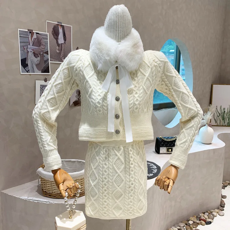 New in Women's Clothing 2022 Winter Thickened Long sleeve knitting Short cardigan sweater top Hip wrap skirt Two piece set