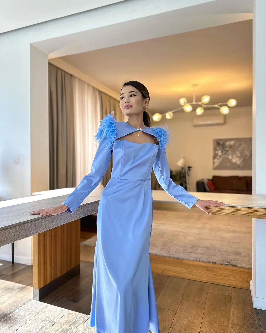 

Fashion Neckline Feathers Prom Dresses Long Sleeves Ankle-length Robes De Arabia Elegant Party Dresses For Women 2023