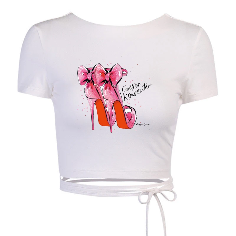

Loves High Heels Tshirt Women Harajuku Fashion Women Crop Top Backless Aesthetic Y2k Babes Clothes Short Sleeve Female Tshirt