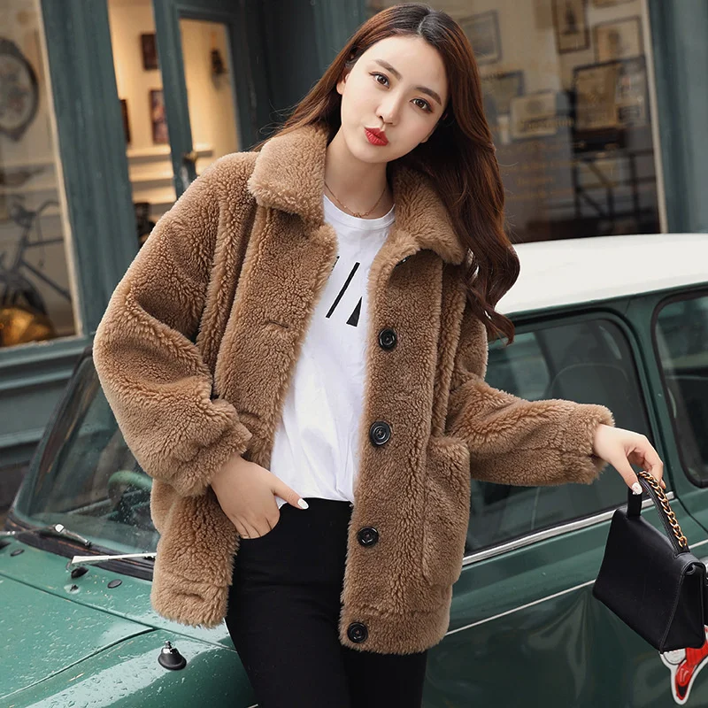 ICCLEK Women's coat autumn sheep shearling coat women's long sleeved coat