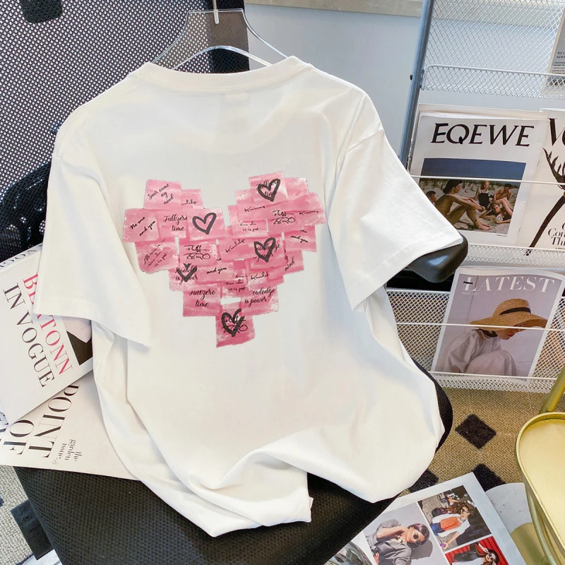 

DUNMA Summer Women's Tshirts Loose Ladies O-neck Cotton Short Sleeve Tops Korean Kawaii Pink Heart Post-it Printed Women T Shirt